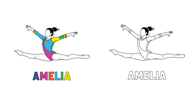 Gymnastics Split Leap Illustration with Name Amelia, Personalized Gymnast Girl Coloring Page and Colorful Sports Vector Design for Kids, Athletes, and Gymnastics Lovers
