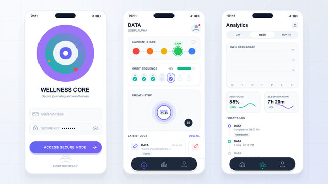 Wellness app screens with secure access and analytics