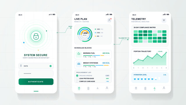 Secure nutrition tracking app screens with analytics