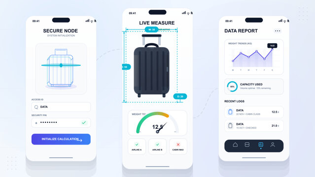 Luggage measurement mobile app interface screens