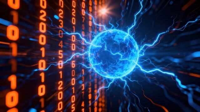 Digital sphere with binary code and lightning