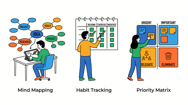This vibrant illustration shows individuals engaging in mind mapping, habit tracking, and priority matrix techniques to enhance productivity and organization.