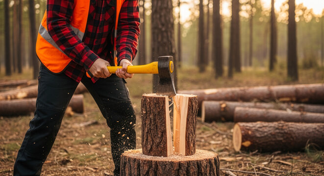 Caucasian male lumberjack splitting wood with axe in forest at sunset, forestry work and logging industry