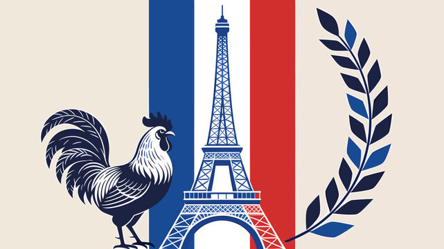 An illustration featuring the Gallic rooster, Eiffel Tower, and a laurel wreath against a backdrop of French flag colors, symbolizing France.