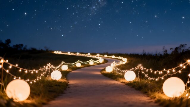 Pathway with glowing lights under starry sky