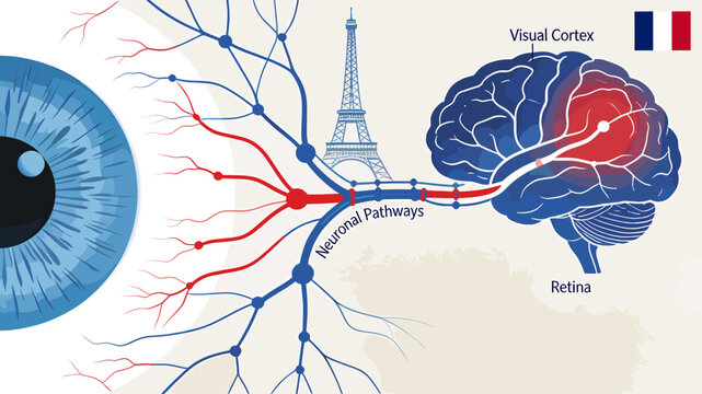 Illustration of visual processing from eye to brain via neuronal pathways, featuring the Eiffel Tower and French flag.