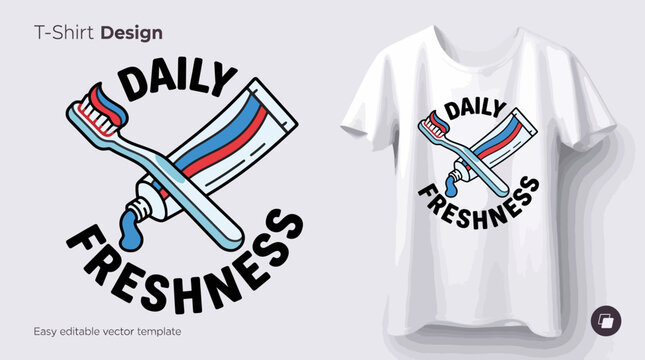 This playful t-shirt design features a toothbrush and toothpaste tube crossed to create a fresh and fun representation of daily dental hygiene and care.