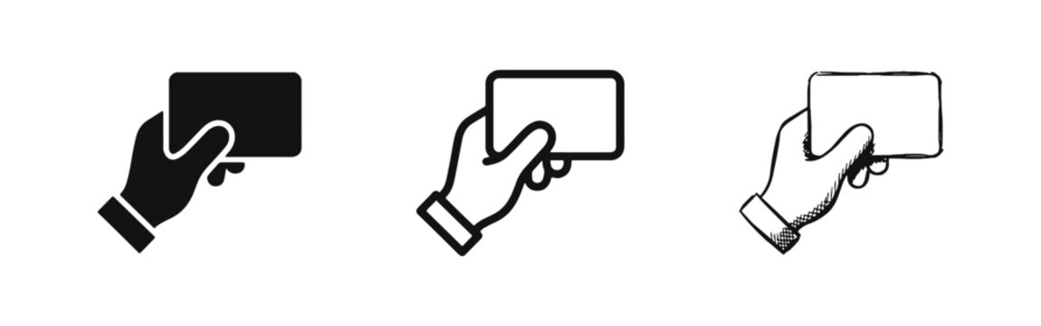 Hand Holding a Card Icon Set in Silhouette Outline and Sketched Styles