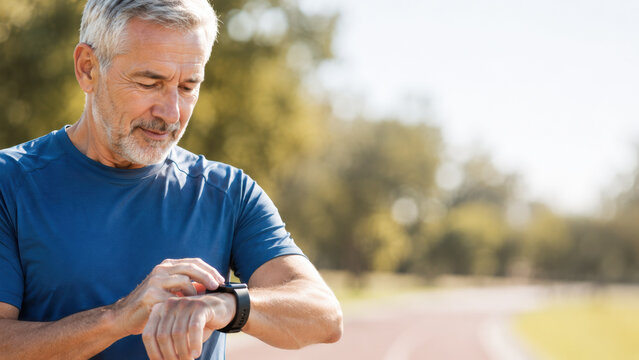 Senior cardiac fitness and wellness, close-up of older adult checking heart rate on smartwatch after exercise
