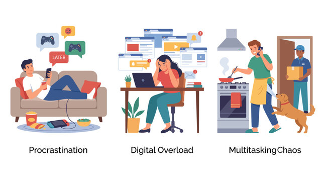 This engaging illustration captures the essence of procrastination, digital overload, and multitasking chaos, presenting relatable scenarios for modern life challenges.