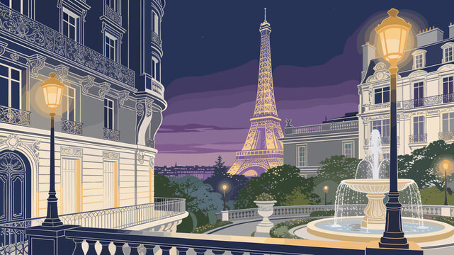 A picturesque Parisian evening scene featuring the Eiffel Tower illuminated against a twilight sky, with ornate buildings and a charming fountain in the foreground.