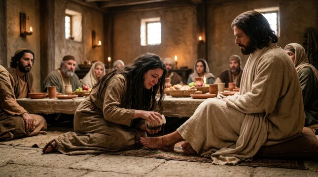 The woman weeps at Jesus' feet, dries them with her hair, kisses His feet, and anoints them with oil.