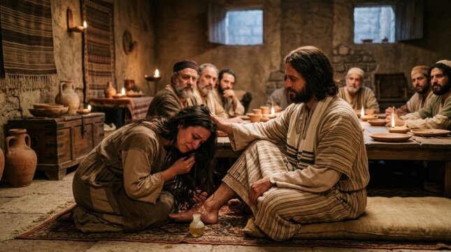The woman weeps at Jesus' feet, dries them with her hair, kisses His feet, and anoints them with oil.
