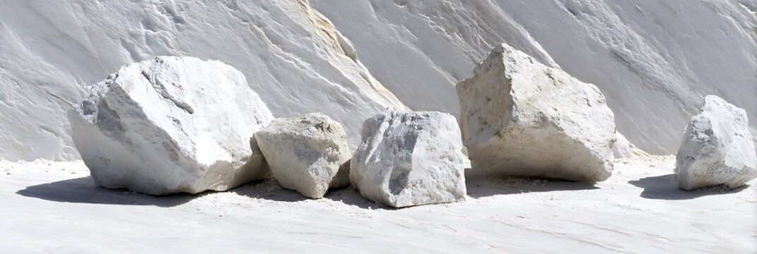Raw white marble blocks resting on quarry floor with textured stone wall behind under bright daylight for construction and luxury interior design architectural building materials.