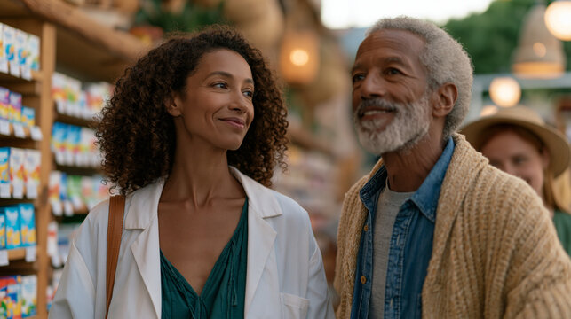 OTC allergy medication section of busy urban pharmacy where diverse shoppers compare product packaging while pharmacist on floor proactively approaches elderly male customer to offer counseling, vib
