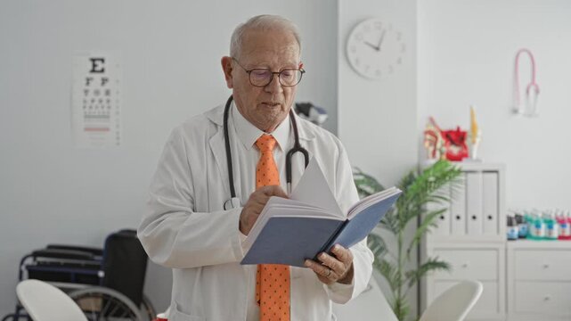 Man doctor wearing labcoat and stethoscope reading a blue book, holding it with hands in clinic building; quiet contemplation.