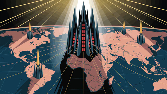 Global power structure: An artistic depiction of a controlling force, with strategic towers positioned across a map of the world, radiating influence.