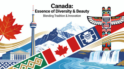 Naklejka premium Canada: Essence of Diversity & Beauty, Blending Tradition & Innovation, showcasing iconic landmarks, natural wonders, and cultural symbols.