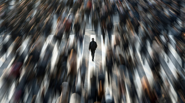 A person walking alone through a bustling city pedestrian crossing, crowd blurred in motion around sharp solitary figure, isolation metaphor