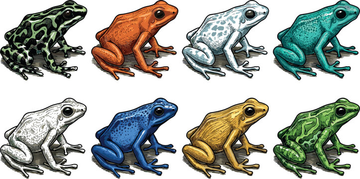 Hand Drawn Poison Dart Frog Vector Bundle with Colorful Tropical Amphibian Species Set for Nature Wildlife and Exotic Jungle Education Graphic Designs