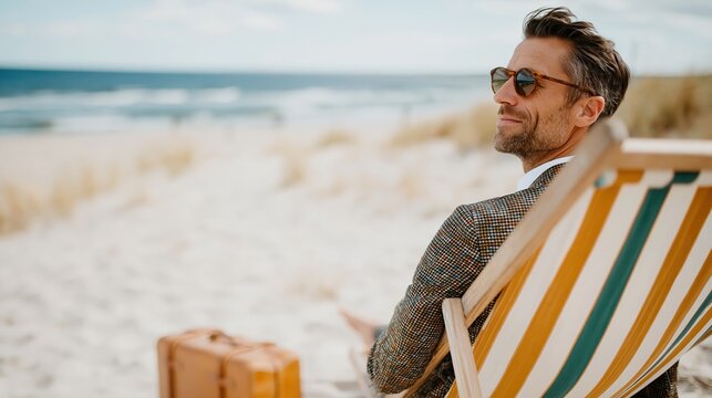 A sophisticated man in a suit enjoying a serene moment on a beach lounger, embracing the contrast of business and leisure against the backdrop of the ocean waves.