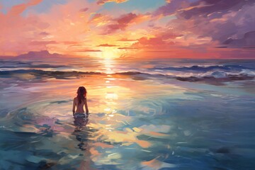 Fototapeta premium Digital painting of a woman standing in tranquil ocean water during a vibrant sunset