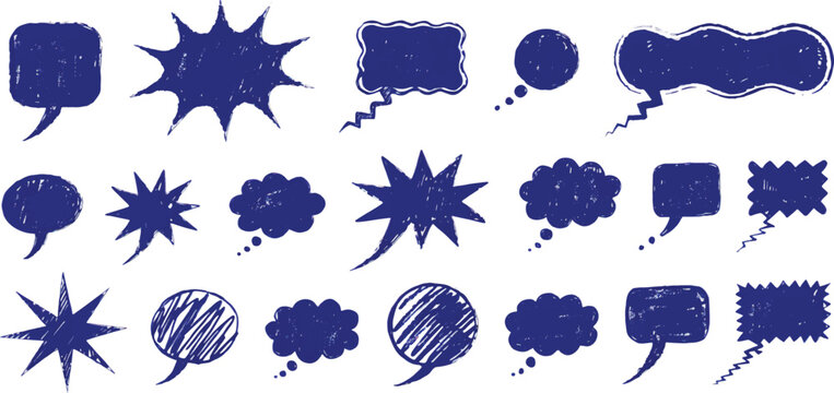 Black textured speech bubbles, blank chat balloons in various shapes. Comic cloud bubble silhouette, empty dialog balloon, outline conversation message icon