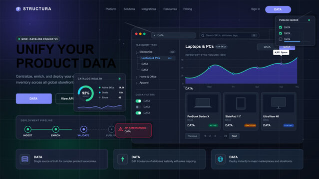 Product data catalog dashboard interface mockup