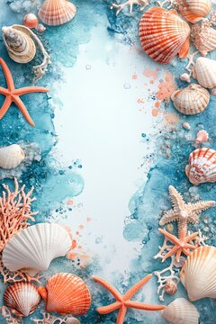 Beach wedding invitation card with soft ocean watercolor, seashell and starfish borders. Vertical layout with clear copyspace in center. Light coastal color theme