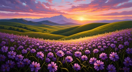 Obraz premium Breathtaking sunset over a vibrant purple flower field with rolling green hills and distant mountains in the background