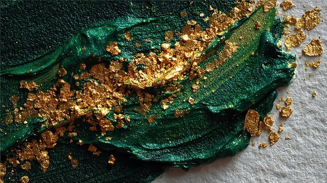 Emerald green acrylic paint stroke with gold leaf flake featuring shimmering metallic texture and thick impasto brushwork on white textured paper for luxury artistic design projects