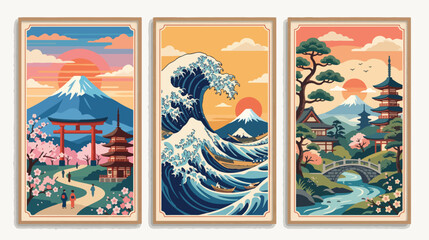 Obraz premium Three artistic japanese landscape prints displayed in frames on a wall.