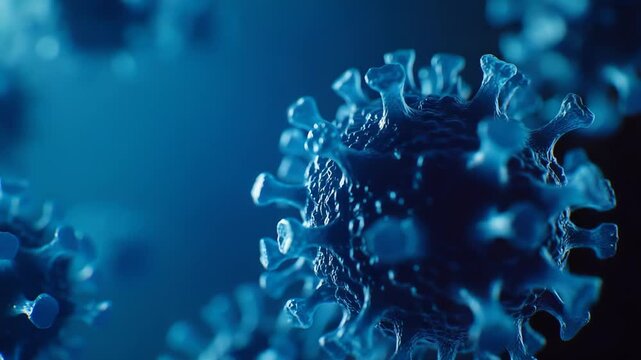 Microorganism cells with spike proteins and envelopes multiplying and spreading, illustrating infectious viral transmission, pandemic outbreak and microscopic disease science risks