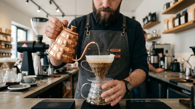 Professional Barista Brewing Coffee Manual Brew V60 with Copper Teapot in Coffee Shop SEO 