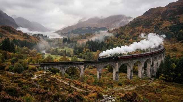 Historic Steam Train Crossing Stone Viaduct in Misty Mountain Valley