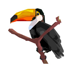 Obraz premium Geometric toucan bird illustration perched on a wooden branch.