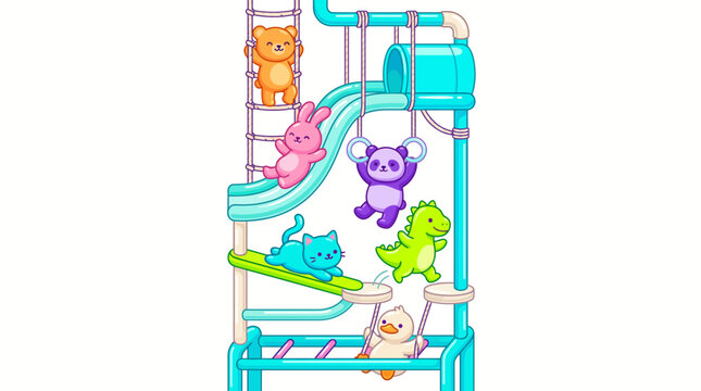Soft Plush Animal Characters in Fun Playground Bright Neon Style