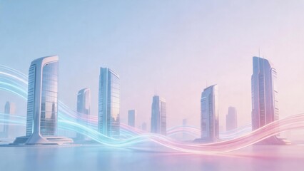 Obraz premium Futuristic city skyline with digital waves