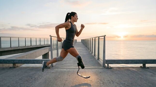 Athletic woman with prosthetic leg running on a coastal pier during a beautiful sunrise, representing resilience and fitness in sport