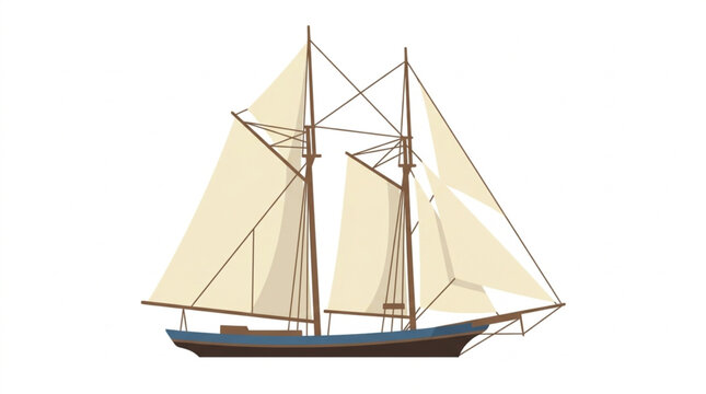 A two-masted sailing schooner with beige sails is depicted from a side view against a clean white background, showcasing its classic maritime design