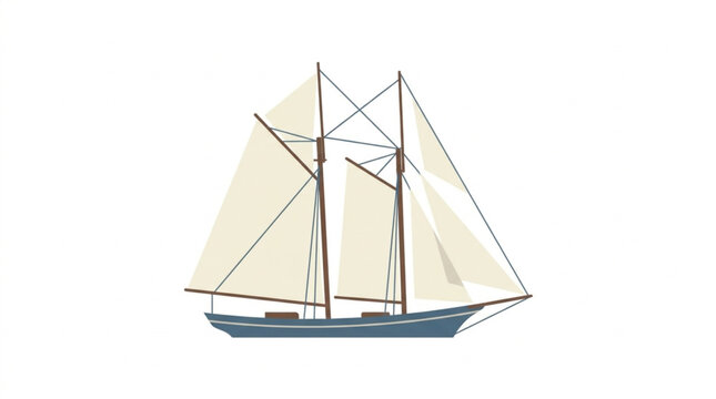 A classic two-masted schooner with white sails is depicted in a flat illustration style, isolated against a stark white background, showcasing maritime elegance