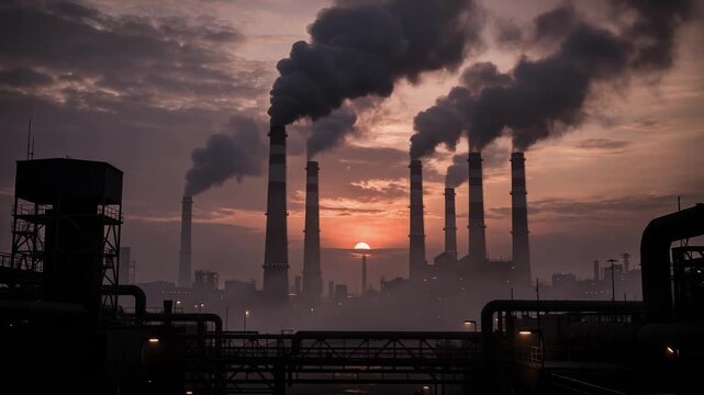 Industrial factory emitting thick dark smoke at sunset with cloudy sky pollution environmental impact