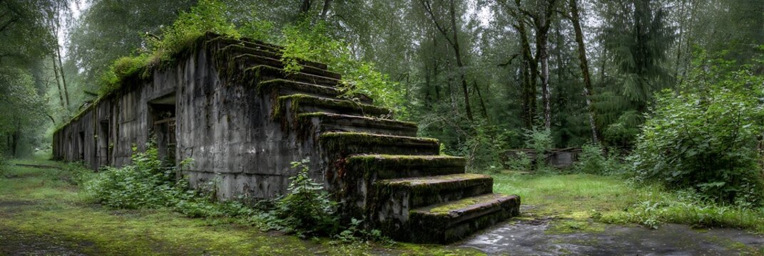 Abandoned concrete bunker ruins overgrown with green moss and lush vegetation standing deep within dense temperate forest during misty day with profound sense of mystery and history