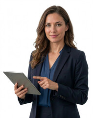 Fototapeta premium Professional businesswoman in corporate dress suit holding digital Mobile tab 