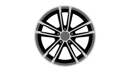Obraz premium Close-up studio shot of a modern alloy car wheel with a five-spoke design, featuring a silver and black finish against a clean white background, highlighting automotive detail