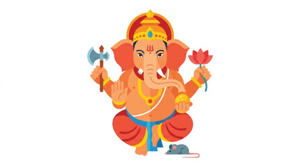 Naklejka premium Illustration of Lord Ganesha, the elephant-headed Hindu deity, holding an axe and lotus flower, seated with a mouse on a white background, conveying divine blessings