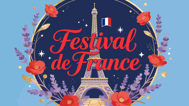 An illustrated graphic for 'Festival de France' featuring the Eiffel Tower, French flag, and a decorative border of lavender and red poppies on a light blue background.