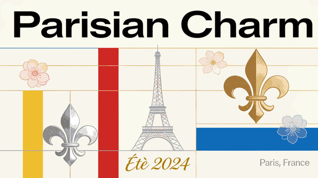 A graphic design featuring Parisian charm with the Eiffel Tower, fleur-de-lis symbols, and French flag colors, celebrating Summer 2024 in Paris, France.