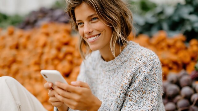 A cheerful woman sits amid a plethora of colorful fruits, enjoying her phone, radiating happiness and a connection to nature, reflecting a healthy, vibrant lifestyle.
