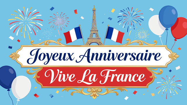 French birthday celebration banner with Eiffel Tower, flags, fireworks, and red, white, and blue balloons on a light blue background.